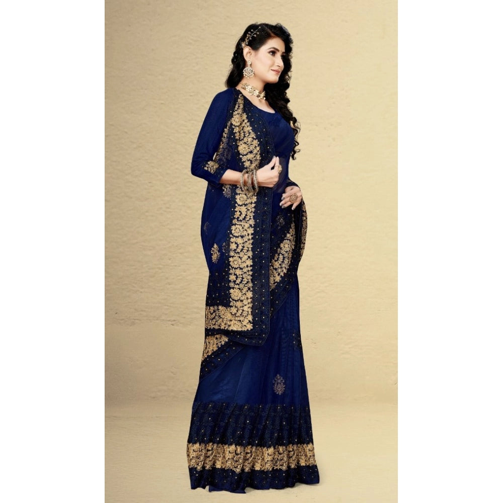 Navy blue net saree with blouse (5-6mtrs), versatile for casual or festive wear for women