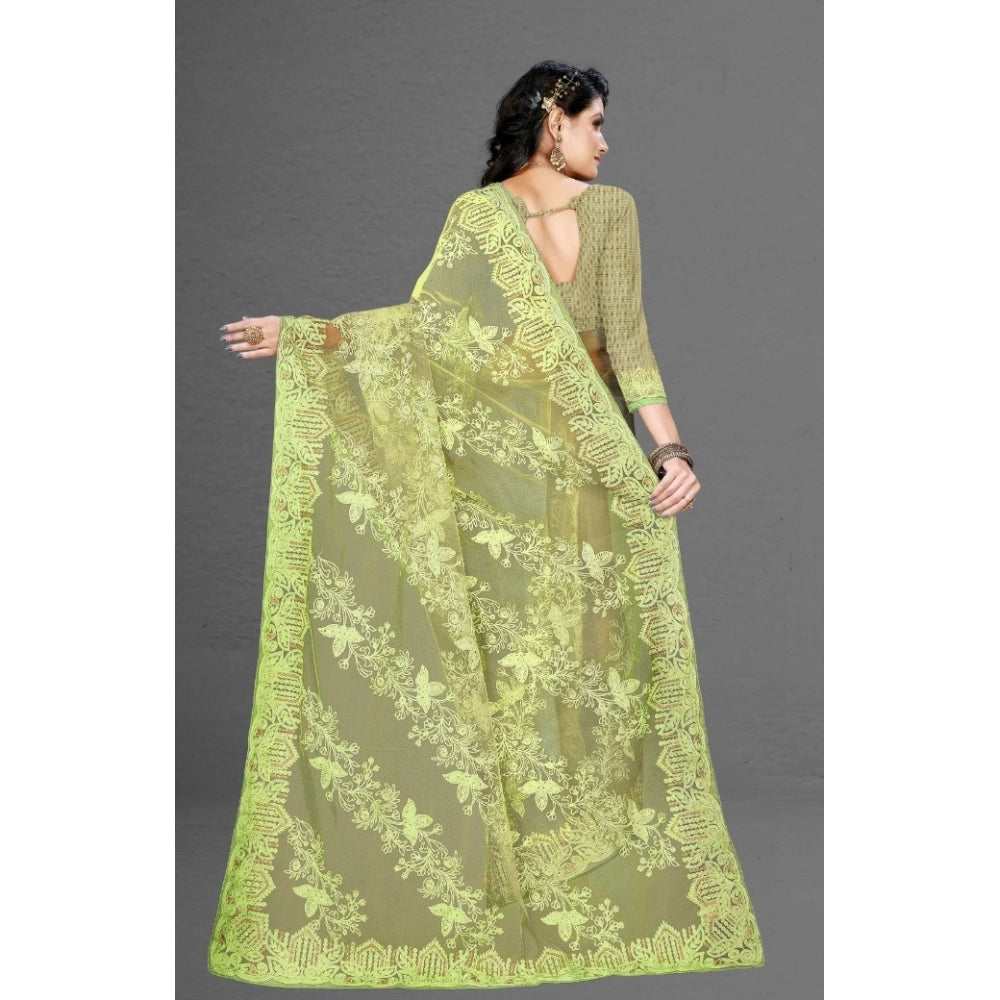 Pista green net saree with unstitched blouse, 5-6 meters length for casual, festive wear