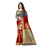 Grey and Red Banarasi Silk Saree Set with Blouse (5-6 Mtrs), women's festive wear, may appear slightly different from digital representation