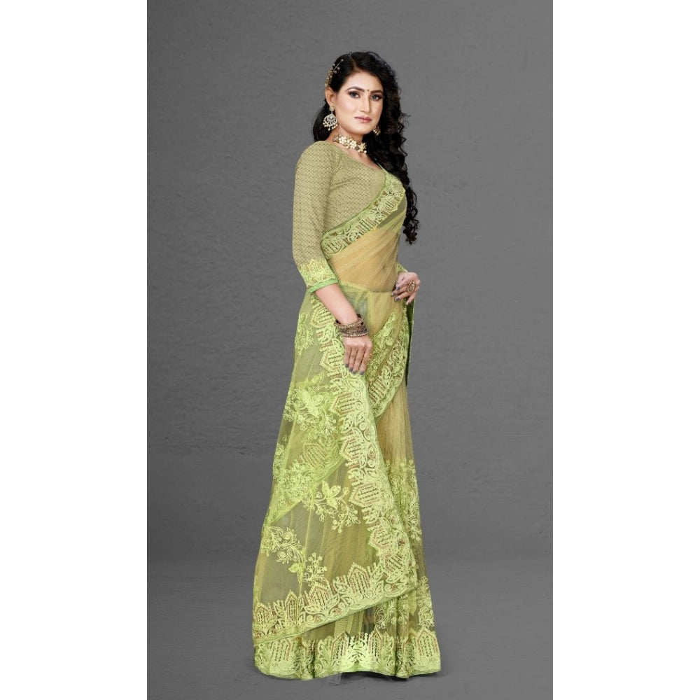 Pista green net saree with blouse (5-6Mtrs), stylish casual, festive wear for women
