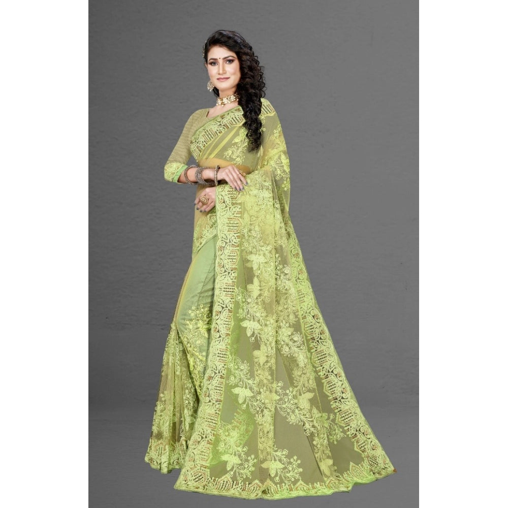 Pista green net saree with blouse (5-6mtrs), airy and versatile for casual, festive wear