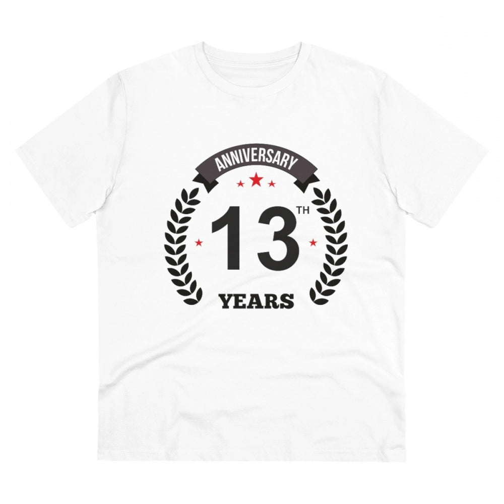 White PC Cotton 13th Anniversary printed men's half sleeve t-shirt with round neck, casual occasion