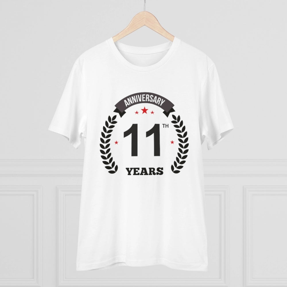 White PC Cotton 11th Anniversary Men's T-Shirt with half sleeves and round neck, high-quality print on casual wear