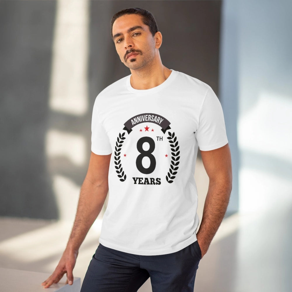 White PC Cotton 8th Anniversary Printed Men's T-Shirt (180GSM), casual occasion wear