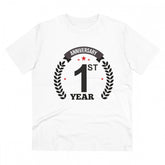 White PC Cotton Men's 1st Anniversary Printed T-Shirt, half sleeve, round neck