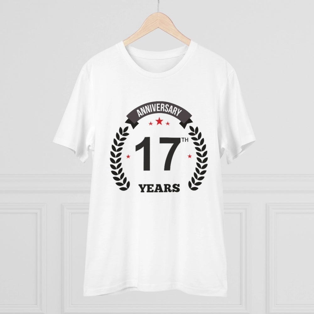 White PC Cotton 17th Anniversary printed men's t-shirt with half sleeves and round neck, casual wear