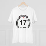 White PC Cotton 17th Anniversary printed men's t-shirt with half sleeves and round neck, casual wear