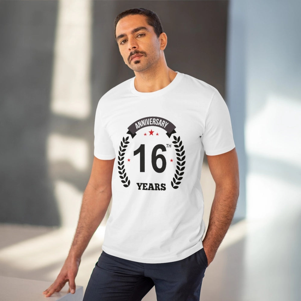 White PC Cotton Men's 16th Anniversary Printed T-Shirt (180GSM), round neck, half sleeve - casual occasion