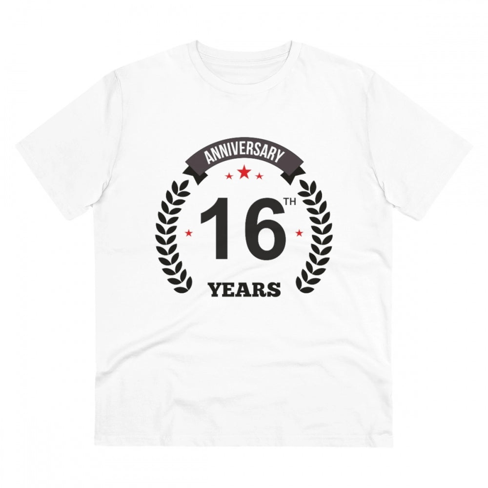 White PC Cotton Men's 16th Anniversary Printed T-Shirt (Half Sleeve, Round Neck)