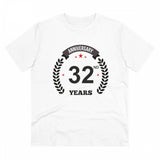 White PC cotton 32nd anniversary printed T-shirt for men, half sleeve with round neck