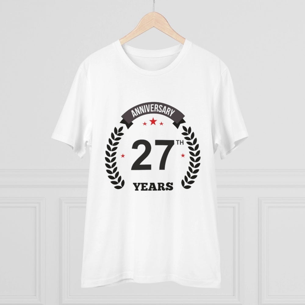 White PC Cotton 27th Anniversary Printed Men's T-Shirt (180GSM), half sleeve round neck, casual occasion