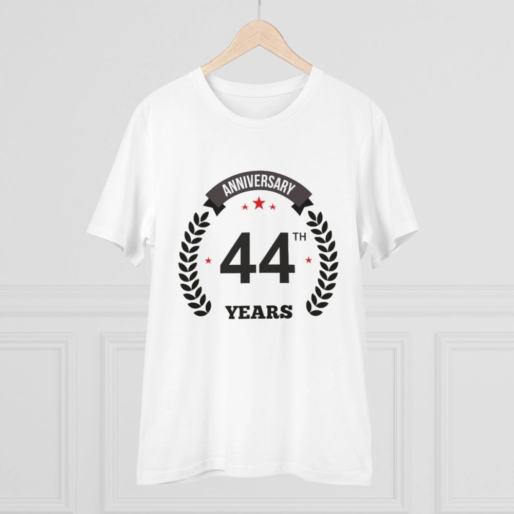 White PC Cotton 44th Anniversary Printed Men's T-Shirt (180GSM), half sleeve round neck casual wear