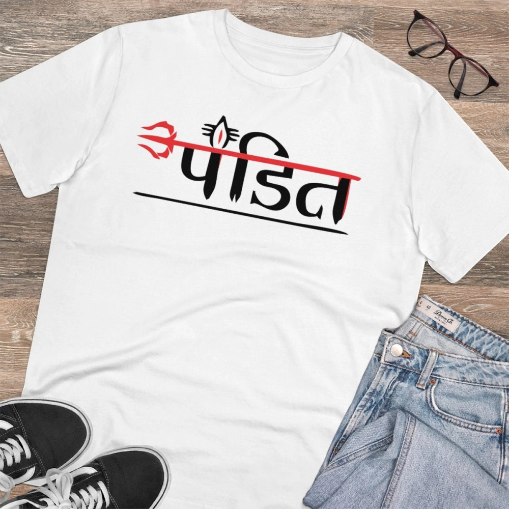 White PC Cotton Pandit Printed Men's T-Shirt, half sleeve, round neck, 180GSM thread count for casual wear