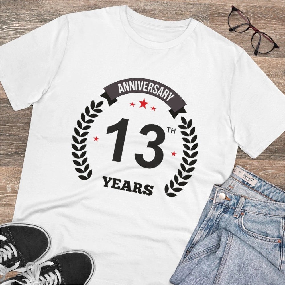 White PC Cotton Men's 13th Anniversary Printed Half Sleeve T-Shirt (Round Neck), casual occasion wear on model
