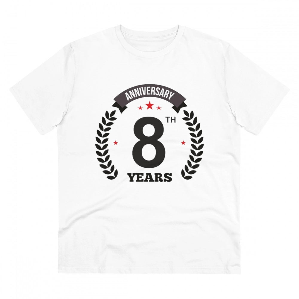 White PC Cotton Men's 8th Anniversary Printed Half Sleeve T-Shirt (180GSM), casual occasion