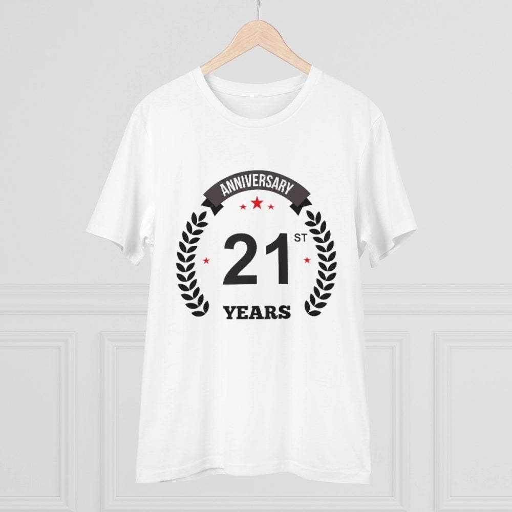 White PC Cotton 21st Anniversary Printed Men's T-Shirt, half sleeve, round neck, 180GSM thread count