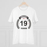 White PC Cotton 19th Anniversary Printed Men's T-Shirt with half sleeves & round neck, 180GSM thread count