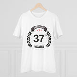 White PC Cotton 37th Anniversary Printed T-Shirt, half sleeve round neck on man at casual event