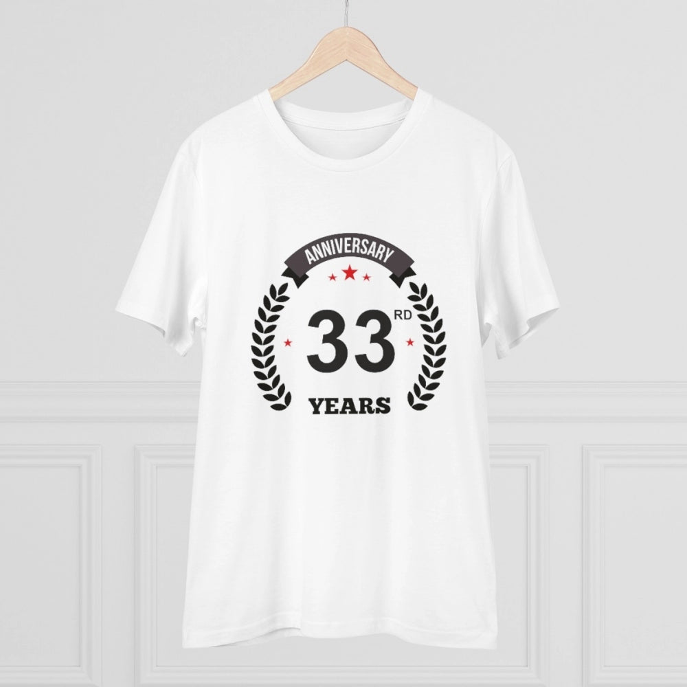White PC Cotton Men's 33rd Anniversary Printed Half Sleeve T-Shirt (180GSM), round neck, casual wear