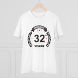 White PC Cotton 32nd Anniversary Printed T-Shirt (180GSM), men's casual wear with round neck and half sleeves