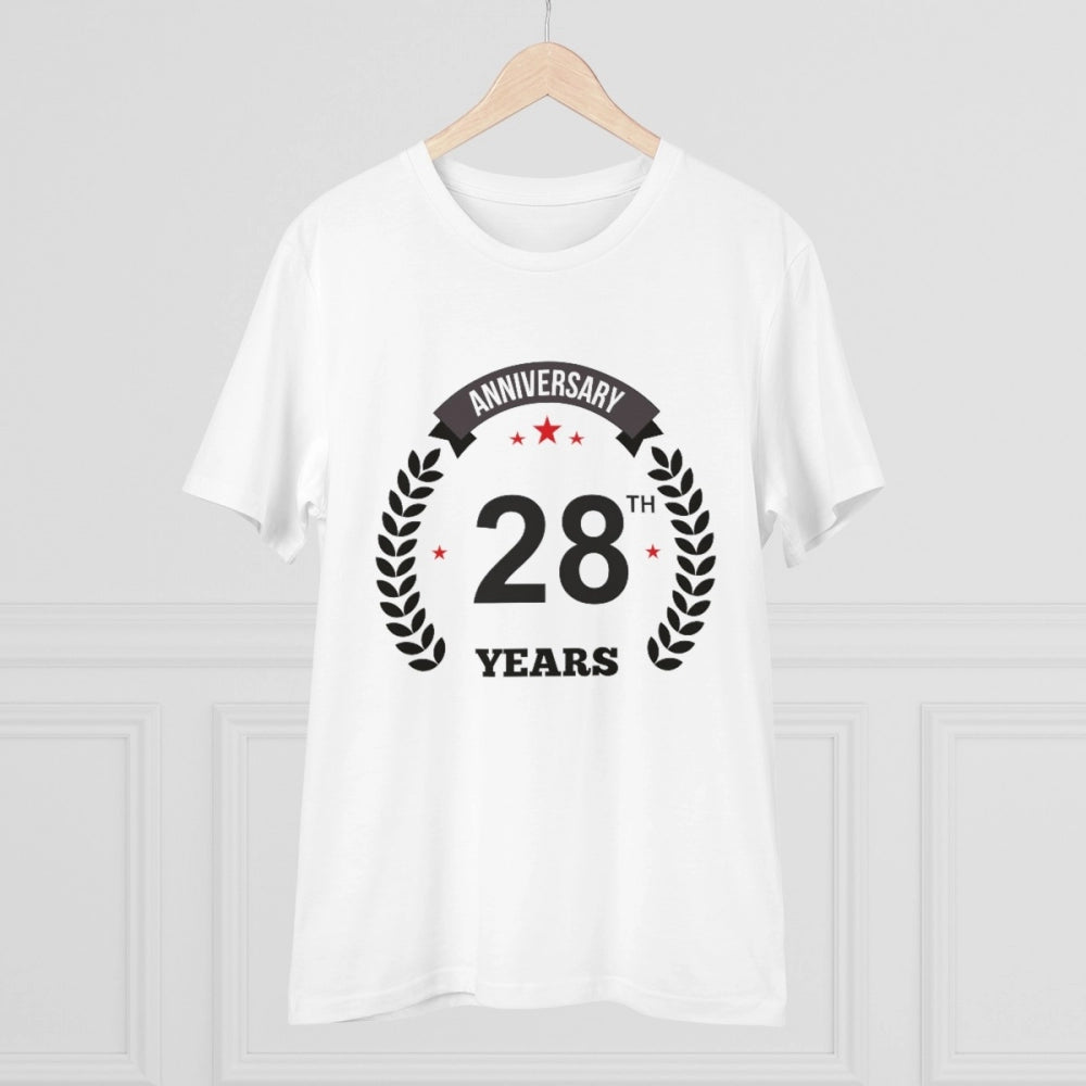 White PC Cotton Men's 28th Anniversary Printed Half Sleeve T-Shirt, ideal for casual occasions