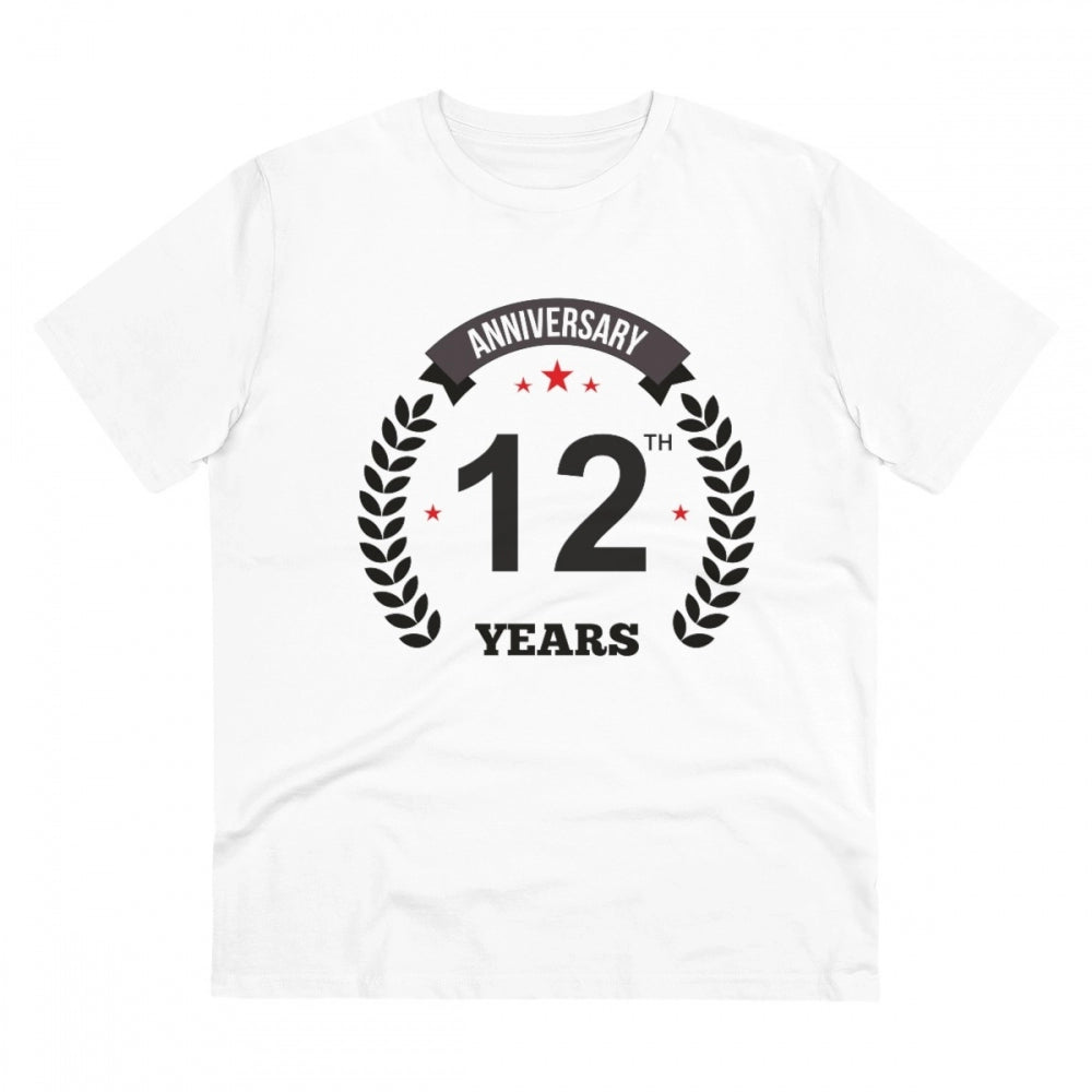 White PC Cotton Men's 12th Anniversary Printed T-Shirt with half sleeves, round neck on casual occasion