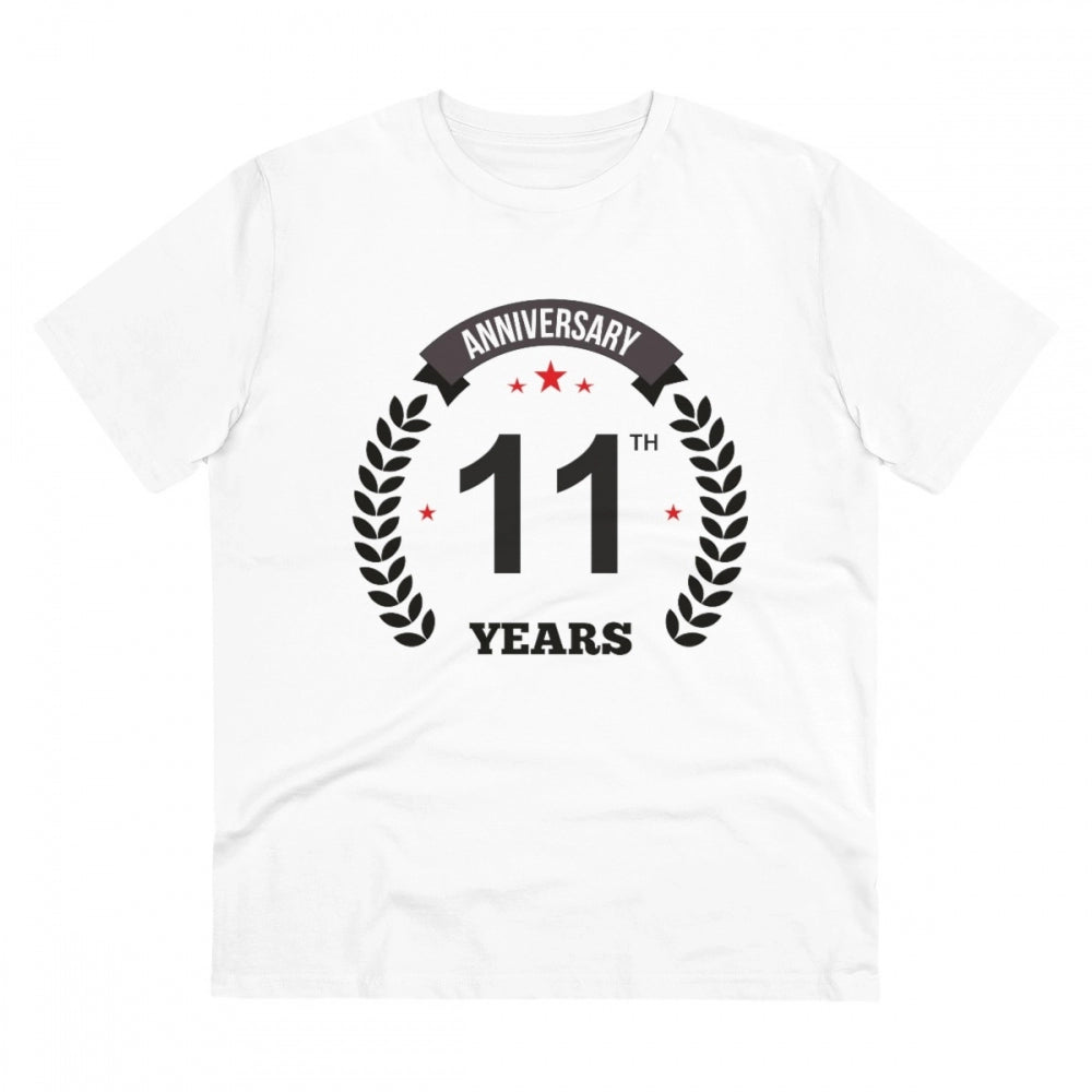 White PC Cotton Men's 11th Anniversary Printed Half-Sleeve T-Shirt on casual occasion