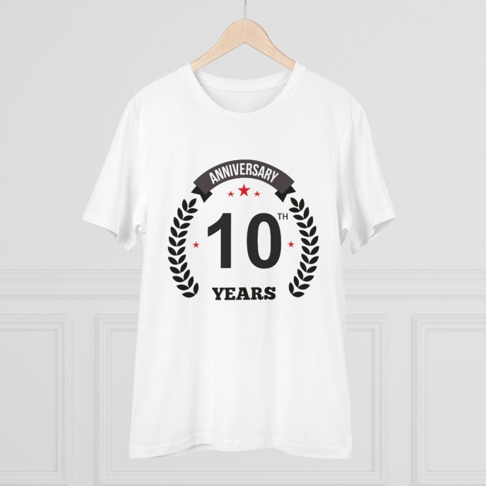 White PC Cotton Men's 10th Anniversary Printed Half Sleeve T-Shirt (180GSM) for casual occasions, round neck style