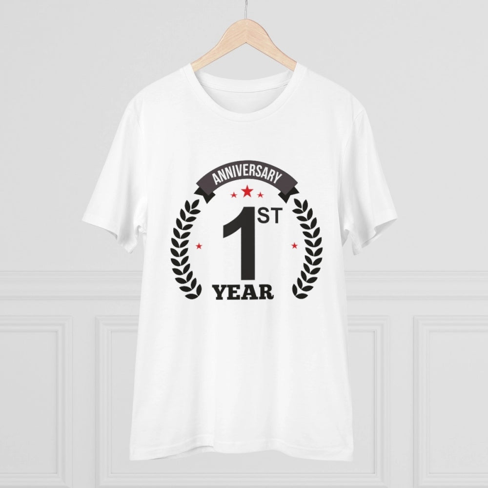 White PC Cotton Men's 1st Anniversary Printed Half Sleeve T-Shirt (Casual occasion)