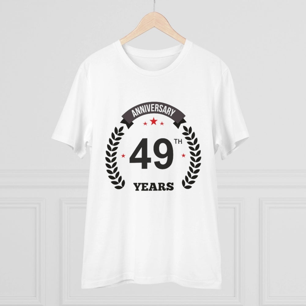 White PC Cotton 49th Anniversary Printed Men's T-Shirt (Half Sleeve, Round Neck) on hanger