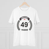 White PC Cotton 49th Anniversary Printed Men's T-Shirt (Half Sleeve, Round Neck) on hanger