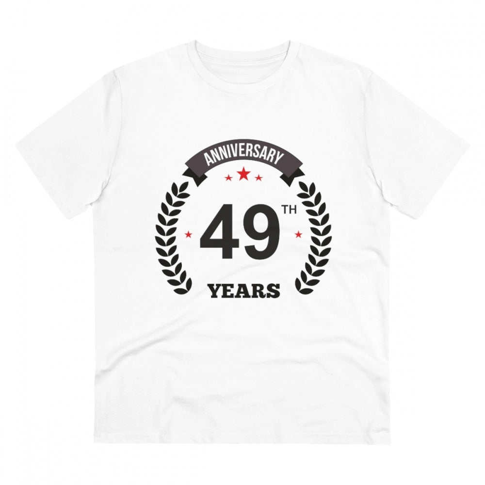 White PC Cotton 49th Anniversary printed men's T-shirt with half sleeves and round neck on casual occasion, thread count 180GSM