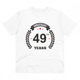 White PC Cotton 49th Anniversary printed men's t-shirt with half sleeves and round neck, celebrating casual occasions