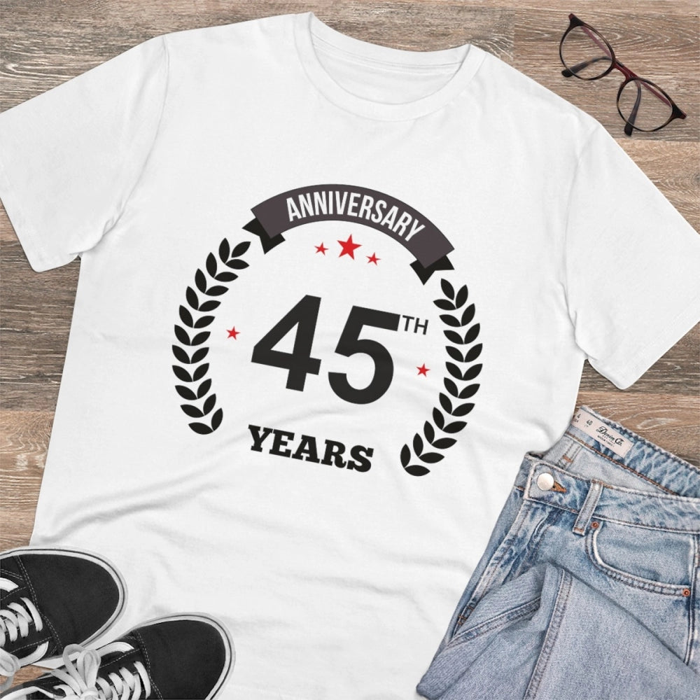 White PC Cotton 45th Anniversary Printed Men's T-Shirt, 180GSM thread count, half sleeve, round neck design for casual occasions