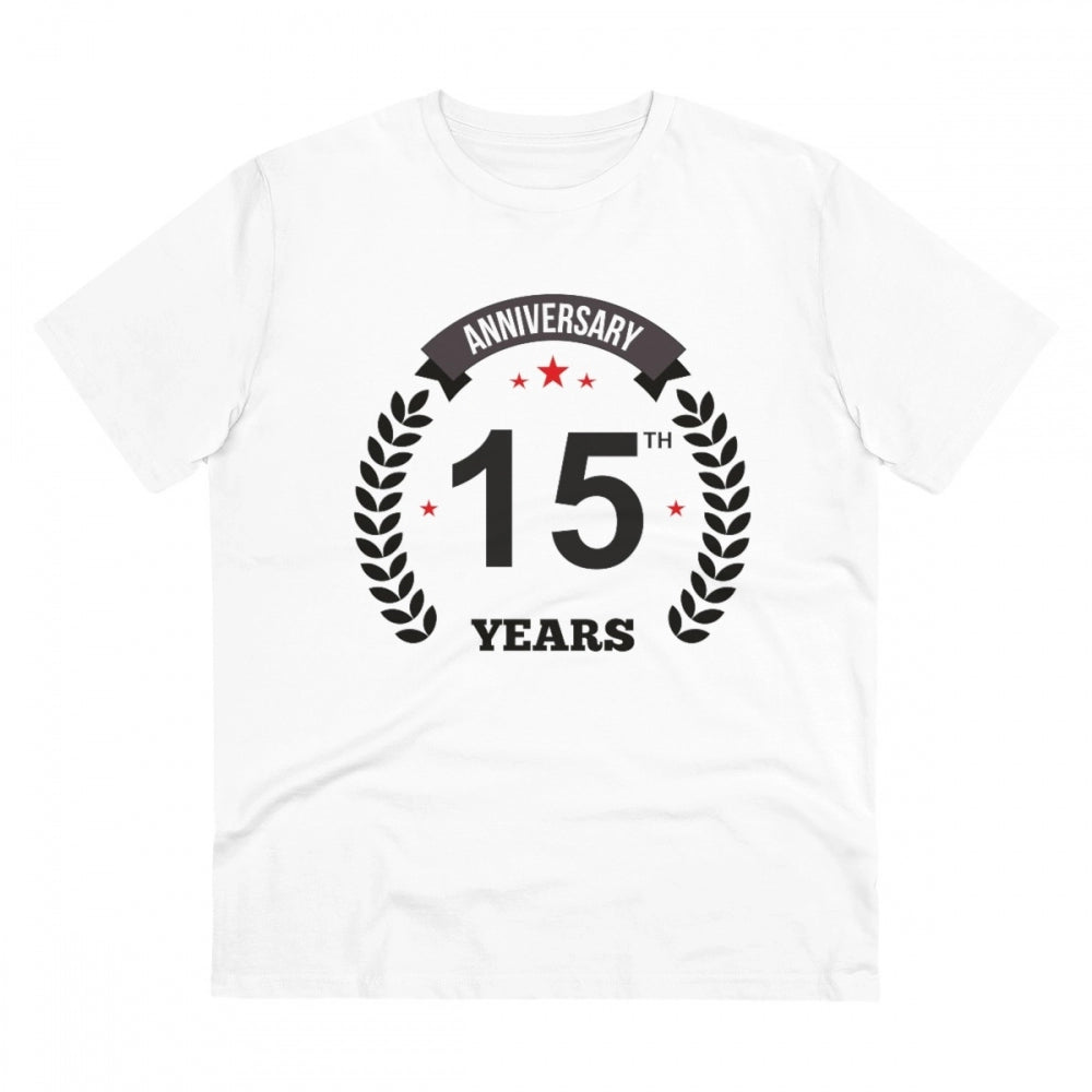 White PC Cotton Men's 15th Anniversary Printed T-Shirt (180GSM), half sleeve, round neck, casual occasion