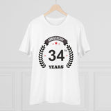 White PC Cotton 34th Anniversary Printed T-Shirt (180GSM), men's casual wear with half sleeves and round neck design