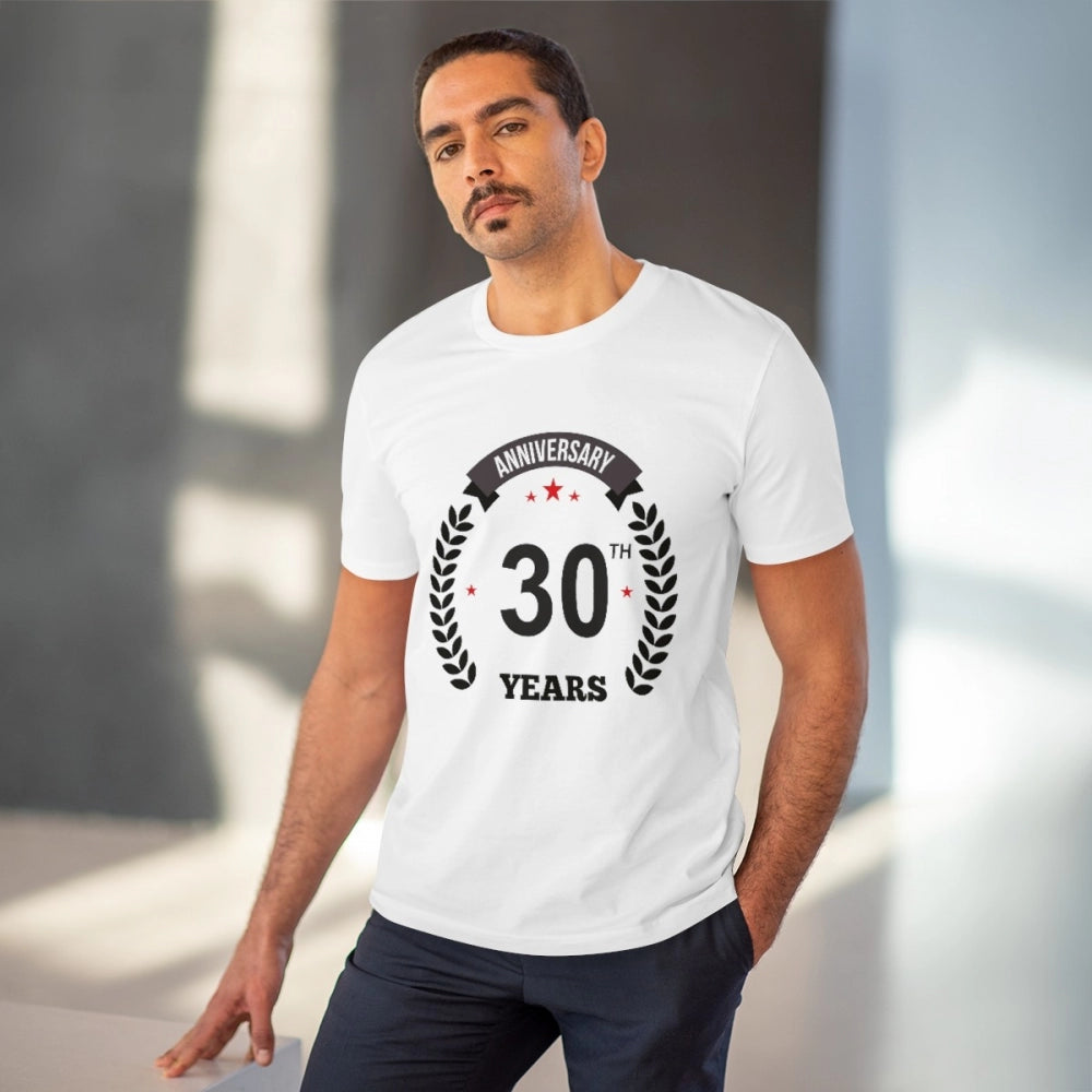 White PC Cotton 30th Anniversary Men's T-Shirt (Half Sleeve, Round Neck) - Casual Occasion