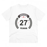 White PC Cotton 27th Anniversary Printed T-Shirt (Half Sleeve, Round Neck) on model for casual occasion