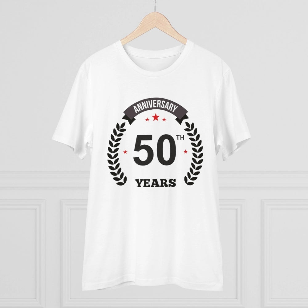 White PC Cotton Men's 50th Anniversary Printed Half Sleeve T-Shirt on hanger, round neck style for casual occasions