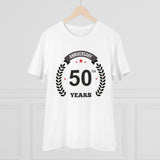 White PC Cotton Men's 50th Anniversary Printed Half Sleeve T-Shirt on hanger, round neck style for casual occasions