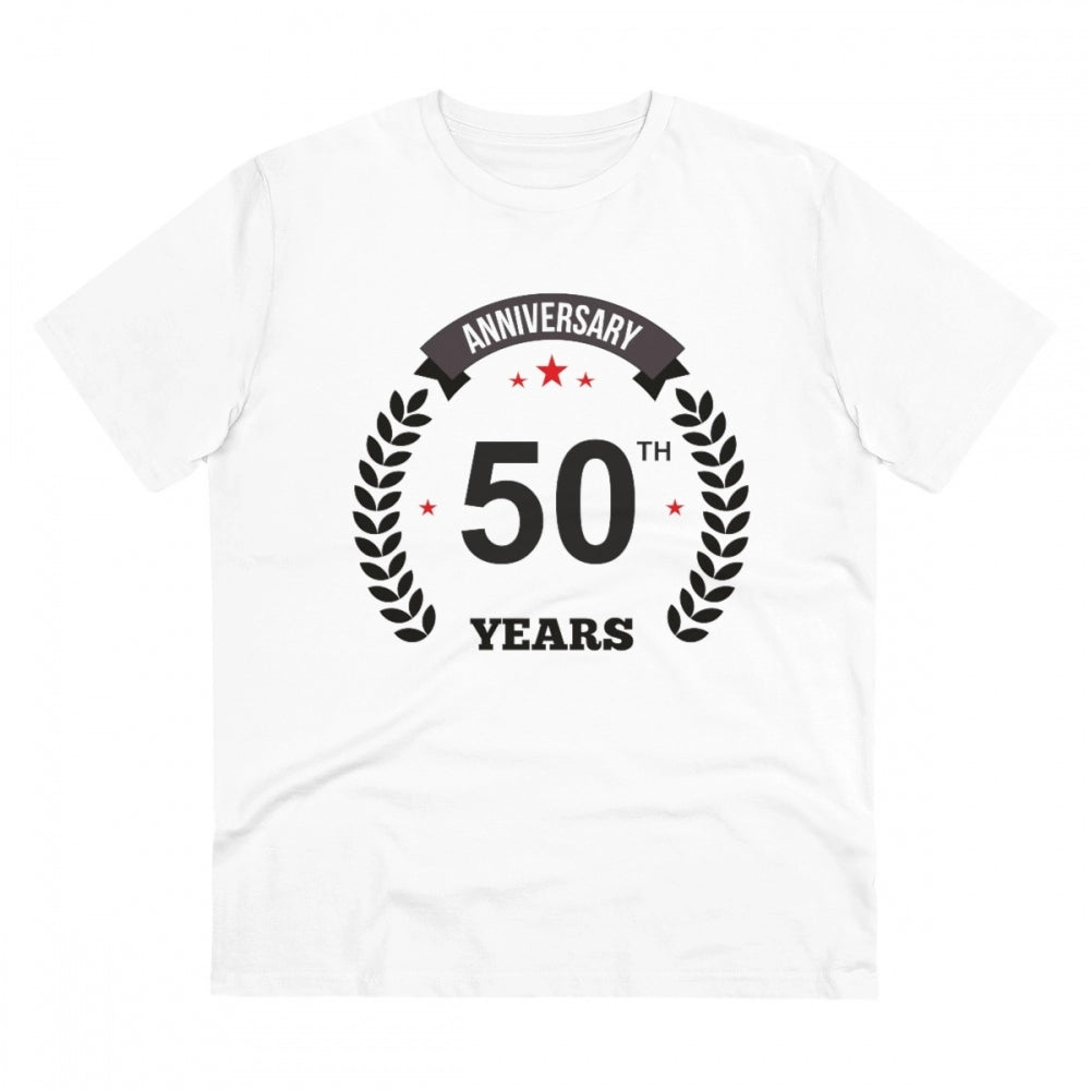 White PC Cotton 50th Anniversary Men's T-Shirt (Half sleeve, Round neck) on display