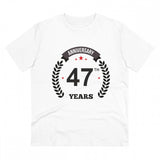 White PC Cotton 47th Anniversary Printed T-Shirt (Half Sleeve, Round Neck), men's casual wear with anniversary design on chest