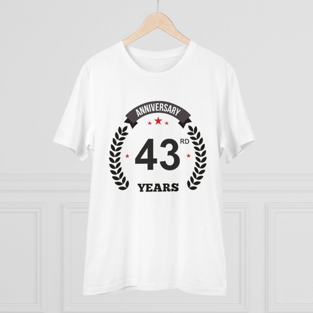 White PC Cotton 43rd Anniversary Printed T-Shirt (Half Sleeve, Round Neck), men's casual wear with anniversary print design on a white background