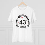 White PC Cotton 43rd Anniversary Printed T-Shirt (Half Sleeve, Round Neck), men's casual wear with anniversary print design on a white background