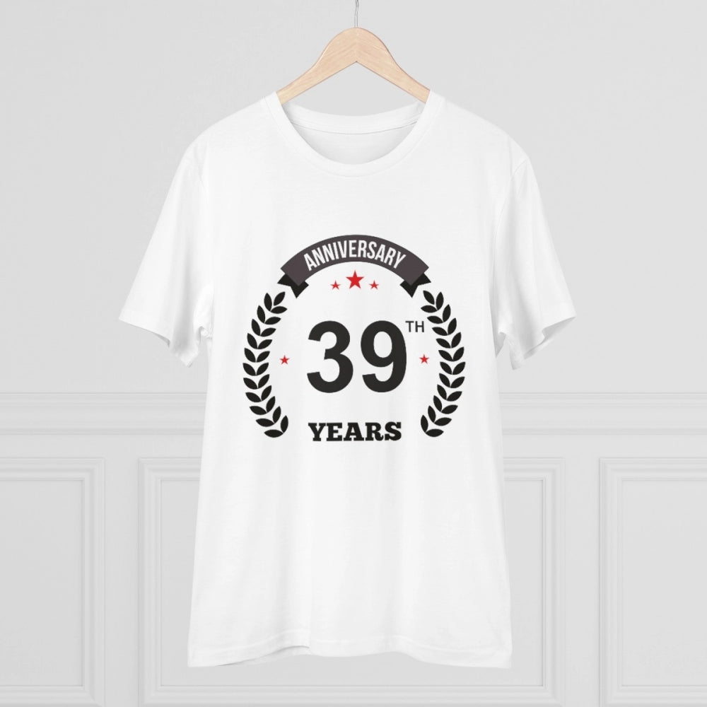 White PC Cotton 39th Anniversary printed men's T-shirt (half sleeve, round neck), casual occasion