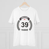 White PC Cotton 39th Anniversary printed men's T-shirt (half sleeve, round neck), casual occasion