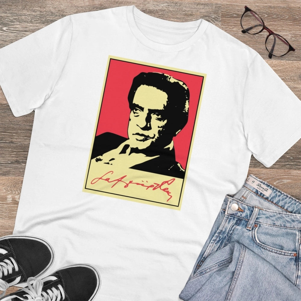 White PC Cotton Men's Bengali Designs Printed Half Sleeve T-Shirt (180GSM), casual wear on model