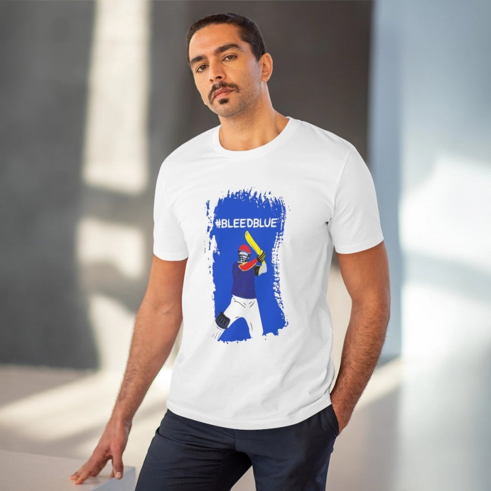 White PC cotton cricket design printed men's t-shirt, half sleeve with round neck, 180GSM thread count