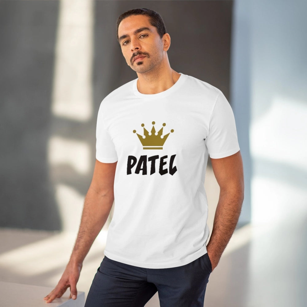 White PC Cotton Patel Printed Men's T-Shirt (180GSM), half sleeve round neck for casual occasions