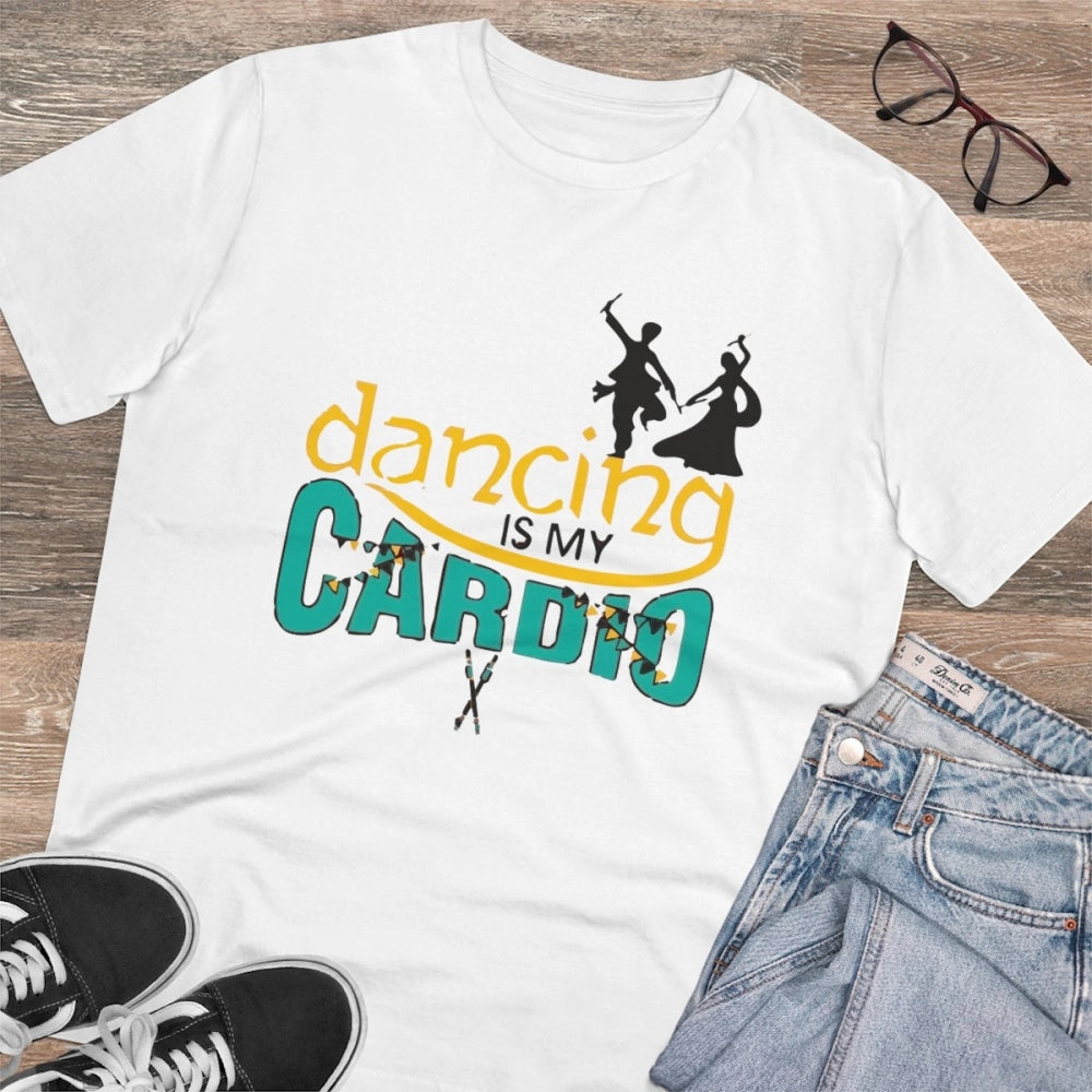 White PC cotton "Dancing Is My Cardio" men's t-shirt with half sleeves and round neck, 180GSM thread count